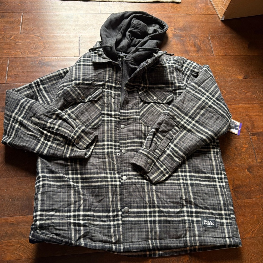 Eddie Bauer Mens XXL Hooded Shirt Jacket Gray Plaid Quilted Lined Flannel Puffer